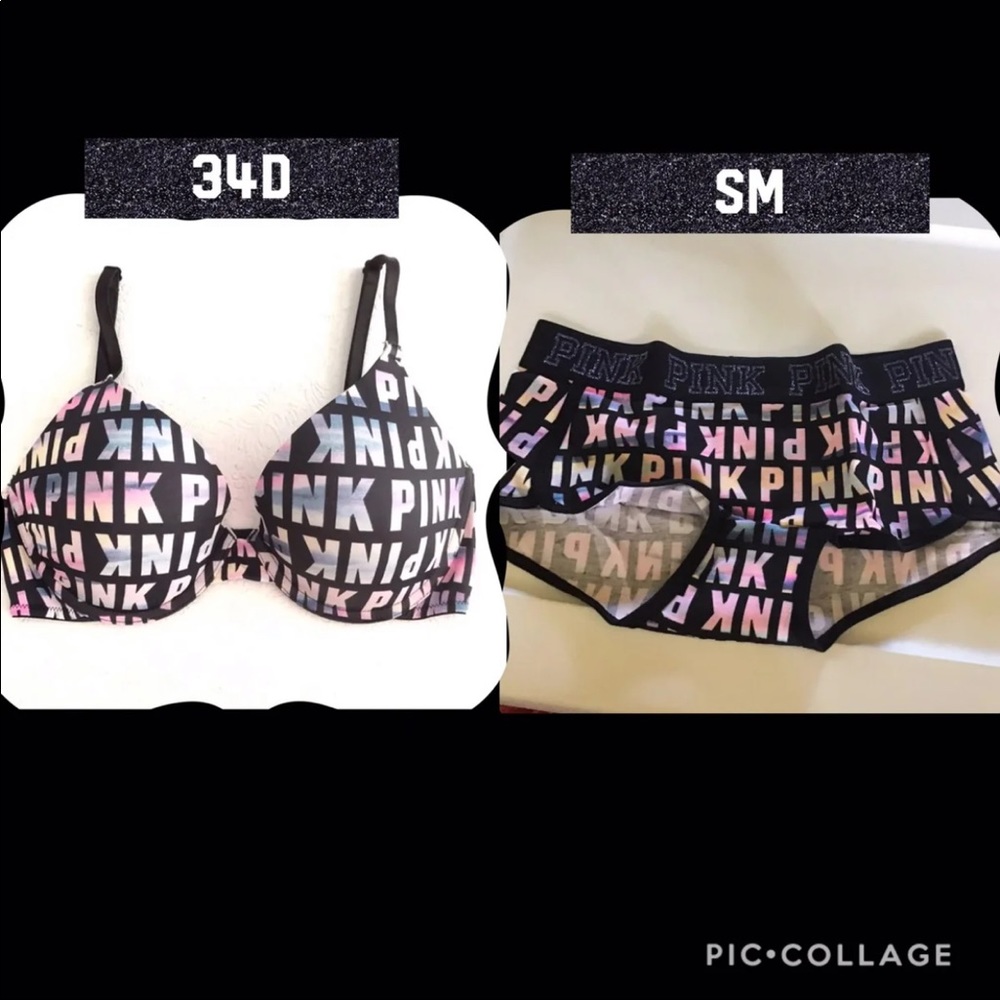 PINK EVERYWHERE PUSH-UP BRA 34D VINTAGE BOYFRIEND PANTY S SM